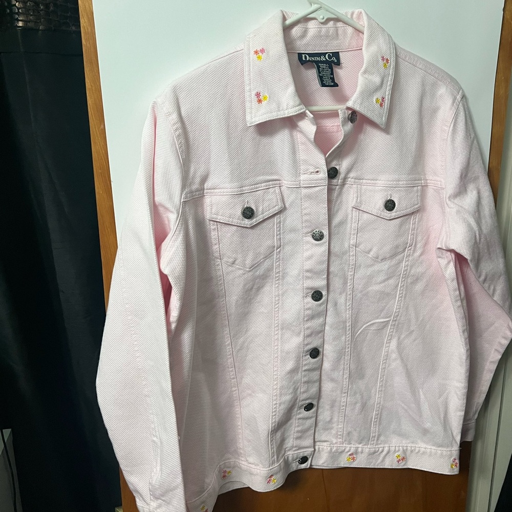 Denim & Co Womens White Blue Embroidered Floral Jean Jacket Coat Size S